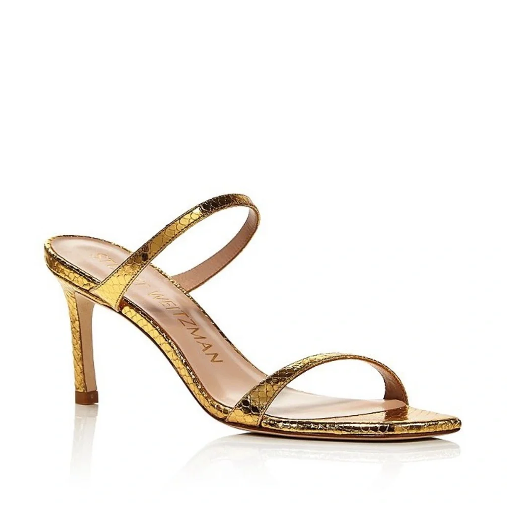 Stuart Weitzman 75 gold leather open toe stiletto pumps - Picture 1 of 10